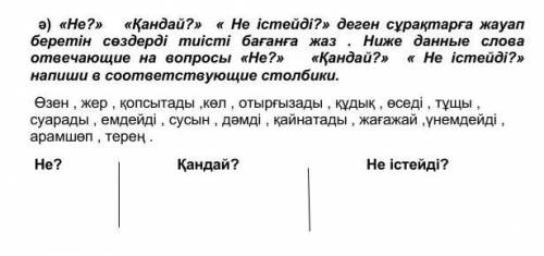Ә) «Не?» «Қандай?» « Не істейді?» деген сұрақтарға жауап беретін сөздерді тиісті бағанға жаз . Ниже
