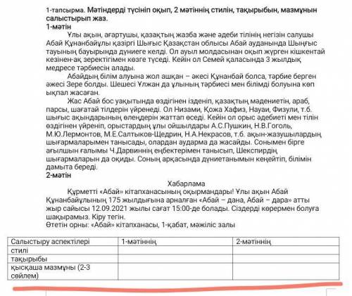 1-тапсырма. Мәтіндерді түсініп оқып, 2 мәтіннің стилін, тақырыбын, мазмұнын салыстырып жаз. 