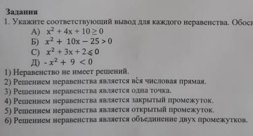 Укажите соответствующий вывод для каждого неравенства. Обоснуйте свой ответ.