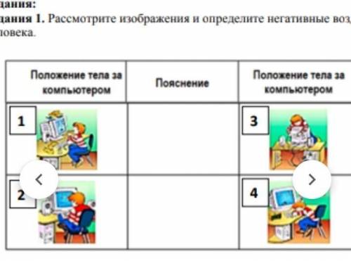 Рассмотрите изображения и определите негативные воздействия компьютера на человека