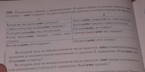 399. Рассмотрите таблицу с предложениями. В каких случаях в глаголах пишется -ите, ав каких - -ете?