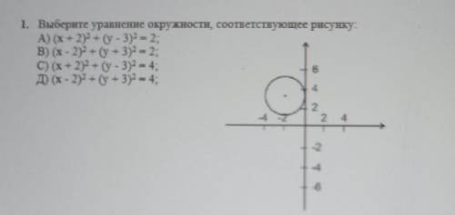 1. Выберите уравнение окружности соответствующее рисунку: A) (x+ 2 + (у - 3)2 = 2;В) (х-22+(y + 3)2