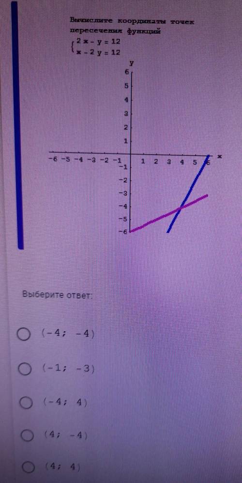 Вычислите координаты точек пересечения функций 2x - y = 12 x -2y=12