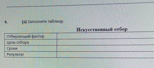 4. (а) Заполните таблицу.Искусственный отборотбирающий факторЦель отбораСрокиРезультат 