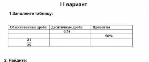 1 вариант 1.Заполните таблицу:ПроцентыОбыкновенные дроби Десятичные дроби0,74569625