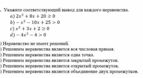 1. Укажите соответствующий вывод для каждого неравенства. а) 2x + 8х + 20>0b) – х? – 10x + 25 &gt