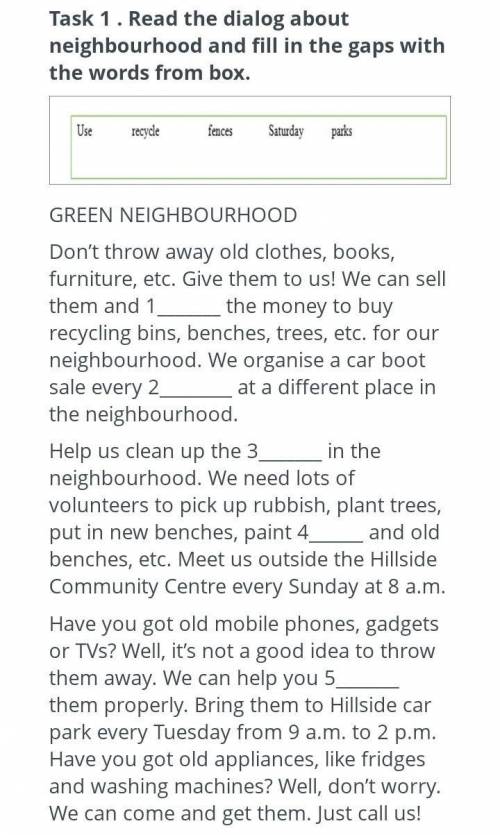 Task 1. Read the dialog about neighborhood and fill in the gaps with the words from box пл 