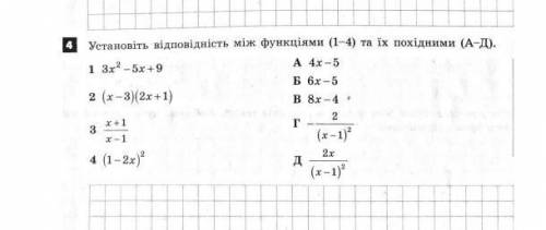 До іть будь ласка! Установіть відповідність між функціями та їх похідними