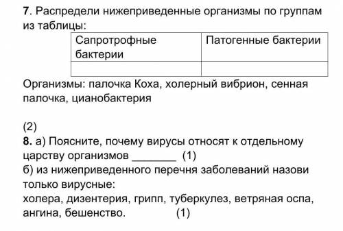 * Распредели нижеприведенные организмы по группам из таблицы