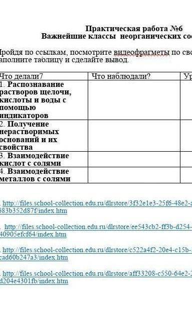 Практическая работа 6 химия 8 класс(3я колонка-уравнение реакций) 