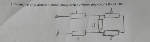 1. Визначте опір ділянки кола, якщо опір кожного резистора R=30 Ом.