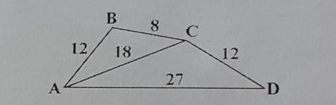 ABCD-чотирикутник у якого АВ=12см,ВС=8см, СД=12см,АД=27см, кут АСД=123° знайти кут АВС