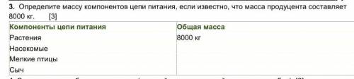 Определите массу компонентов цепи питания,если известно,что масса продуцента составляет 8000 кг
