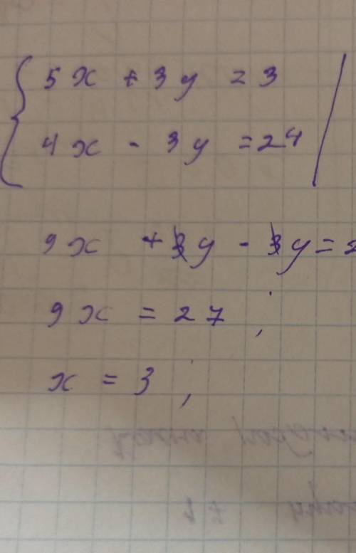 Розв'яжіть систему 5x+3y=3, 4x-3y=24​