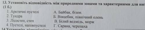 Установи відповідність між природними зонами та характерними для них тваринами