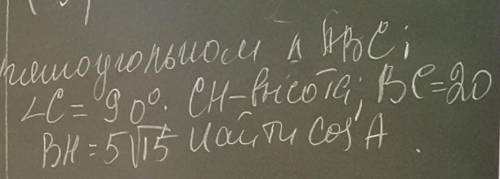 В прямоугольном треугольнике ABC угол С=90°,CH-высота, BC=20,BH=5 корней из 15,найти cos A