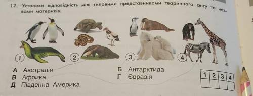 Установи відповідність між типовими представниками тваринного світу та назвами материків