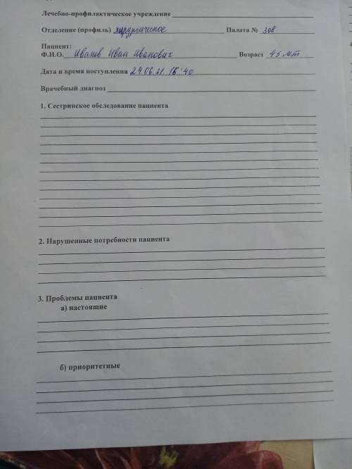 Помагите заполнить сестринскую карту пациента который лежит в хирургическрм отделении