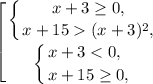 \displaystyle \left [ {{\displaystyle \left \{ {{x+3 \geq 0, } \atop {x+15 (x+3)^{2},}} \right. } \atop {\displaystyle \left \{ {{x+3 < 0,~} \atop {x+15 \geq 0,}} \right.} \right.