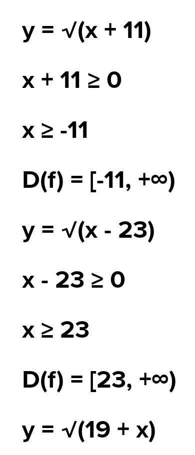 Найдите область определения функций 1.5 1)y=√x+11; 2)y=√x-23; 3)y=√19+x; 4)y=√10-x.​