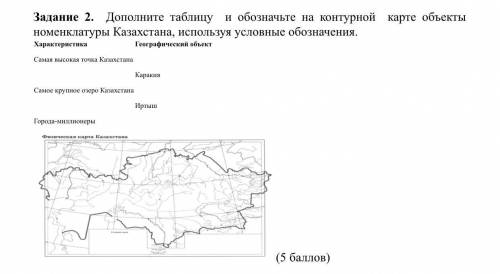 Дополните таблицу и обозначьте на контурной карте объекты номенклатуры Казахстана, используя условны