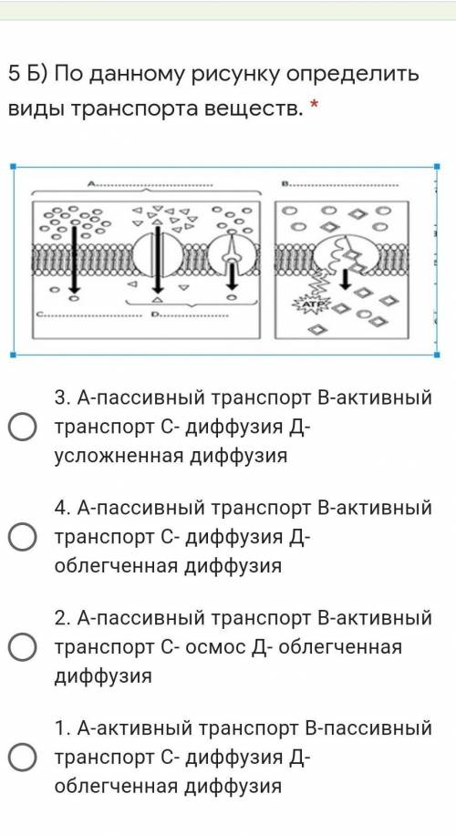 ) По данному рисунку определить виды транспорта веществ. *  3. А-пассивный транспорт В-активный тра