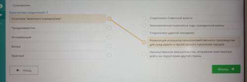 Соотнесите: политикавоенного коммунизмапродразверсткаинтервенциябелыекрасныесторонники Советской в