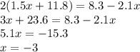 2(1.5x+11.8)=8.3-2.1x\\
3x+23.6=8.3-2.1x\\
5.1x=-15.3\\
x=-3