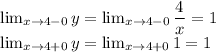 \lim_{x \to 4-0} y= \lim_{x \to 4-0} \dfrac{4}{x}=1\\ \lim_{x \to 4+0} y= \lim_{x \to 4+0}1=1