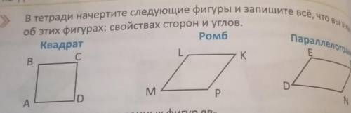 В тетради начертите следующие фигуры и запишите всё, что вы знает об этих фигурах: свойствах сторон