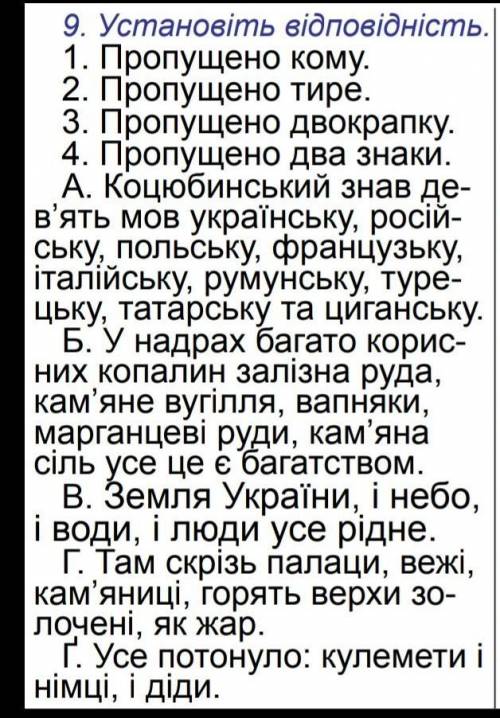 Установіть відповідність 1. Пропущено кому. 2. Пропущено тире. 3. Пропущено двокрапку. 4. Пропущено