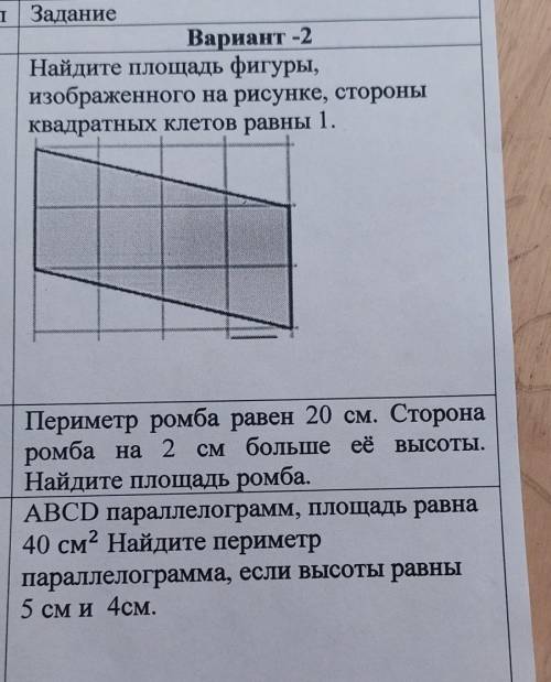 Найдите площадь фигуры, изображенного на рисунке, стороны квадратных клетов равны 1. Периметр ромба