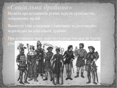 Розгляньте ілюстрацію. -Назвіть представників різних верств суспільства, зображених на ній. -Визнач