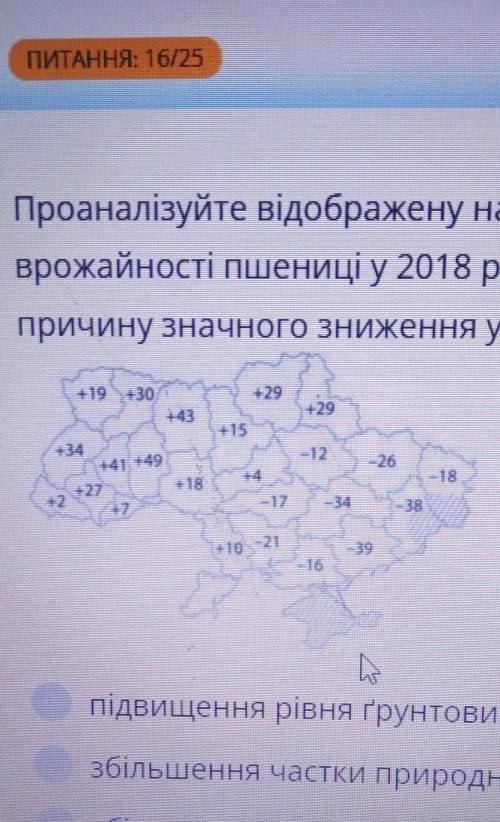 Проаналізуйте відображену на картосхемі інформацію щодо зміни (у %) середньої врожайності пшениці у