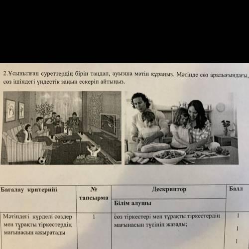 2. Ұсынылган суреттердiн бiрiн тандап, ауызша мәтiн кұраныз. Мәтiнде сез аралығындағы, сөз iшiндегi